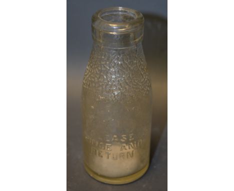Advertising - a clear glass bottle, Boots; a smaller milk bottle, Co-Op; an EPNS three piece tea service; a pierced EPNS bon-