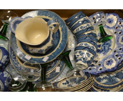 A set of three Victorian Staffordshire blue and white transfer printed serving plates; Booth's Real Old Willow pattern cups a