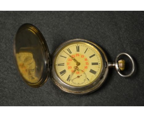 A continental 800 silver Hunter pocket watch, white dial, Roman numerals, red Arabic 24 hour centre, subsidiary seconds, Sust