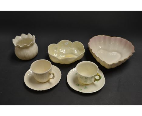 Belleek - cups and saucers, vase, bowls, etc. (5)