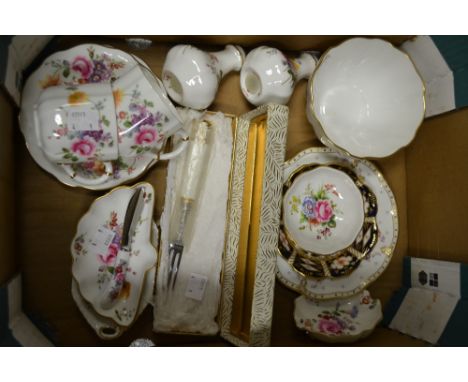 A Royal Crown Derby Posie pattern ashtray. salt and pepper; two teacups and saucers; 2451 trinket dish; etc. 