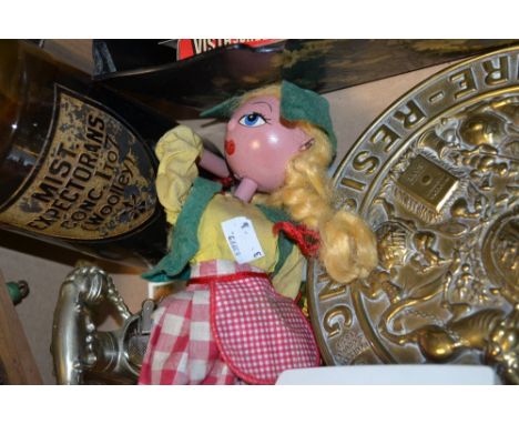 Boxes and Objects - a brass embossed plaque; a Pelhum puppet; a view finder and cards; a glass chemist bottle; others etc 