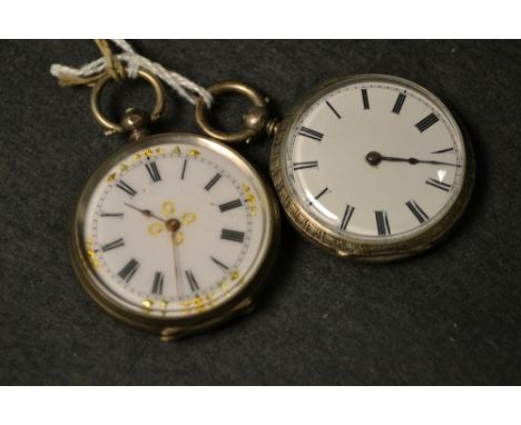 A lady's French silver pocket watch, white enamel dial, Roman numerals, marked 800; another lady's pocket watch (2)