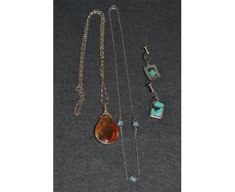 A silver mounted pear shaped polished agate and mother of pearl pendant and chain; a pair of turquoise polished rectangular e