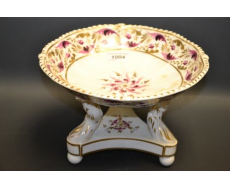 A Bloor Derby comport, circular top painted with puce and gilt leaves, tri form tree trunk supports, unmarked, (faults)
