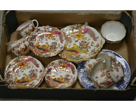 A Royal Crown Derby Olde Avesbury pattern miniature pedestal comport, milk and sugar, teacups and saucers, tea plates, bread 