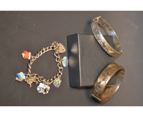2 hallmarked silver bangle and charm bracelet, enamel charms