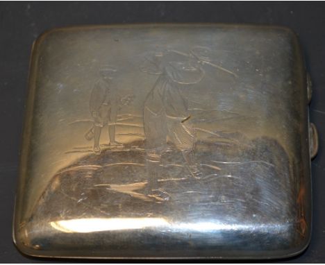 An Edwardian silver curved rounded rectangular cigarette case, the hinged cover engraved with a golfer taking a swing, his ca