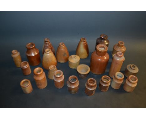 Stoneware- a trio of miniature conical dipping inkwells, others, bottles, inkwell etc. qty