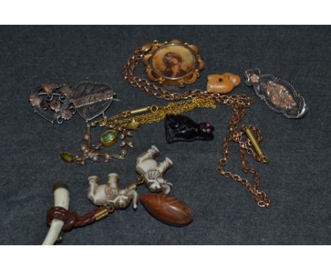 A Victorian 9ct gold photograph pendant;  a silver and rose gold Mizpah brooch, another, a peridot and seed pearl pendant etc