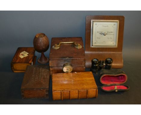Boxes and Objects - an olive wood book form playing card box;  a hand carved oak cigarette box;  a wall hanging barometer etc