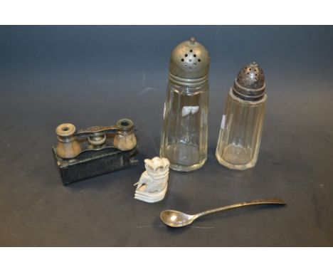 A miniature ivory elephant; a pair of mother of pearl opera glasses; a silver topped sugar sifter etc (5)