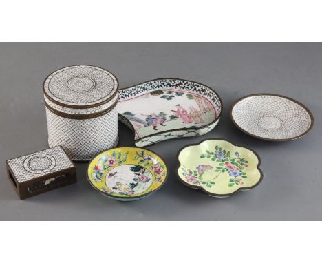 A Chinese enamel dish decorated with scholars in a garden, 7in. and 5 other enamel items.https://www.gorringes.co.uk/news/wes