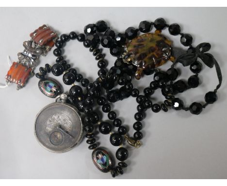 A white metal and hardstone bracelet, a black enamel? bead necklace with two cloisonne beads and three other items including 