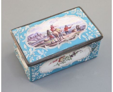 A rectangular enamel casket, French, late 19th century with gilt metal mounts, painted with travellers and flowers reserved o