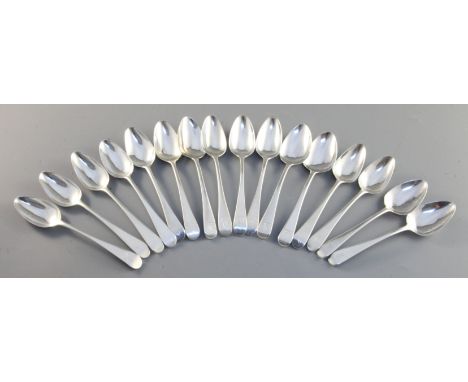 A harlequin set of sixteen George III silver Old English pattern teaspoons, comprising eleven with Crewe-Milnes crest, maker 