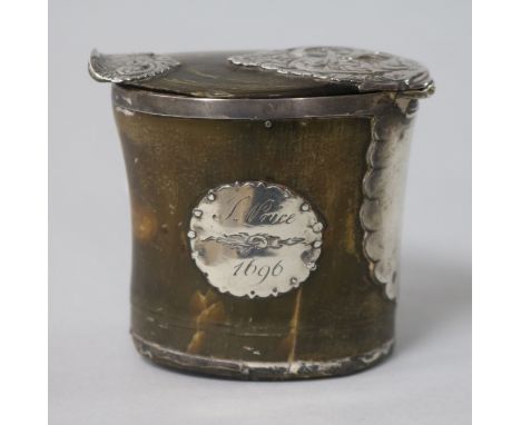 An antique silver mounted horn snuff box, height 6cm.