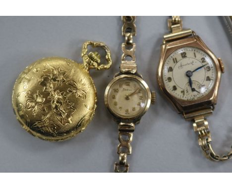 A ladies' 9ct gold Zodiac wristwatch, a similar 9ct gold-cased Accurist watch and a Rotary gilt metal fob watch