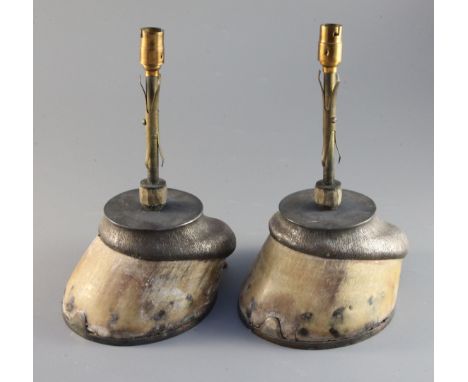 A pair of electroplated mounted horses' hooves as table lamps, Army & Navy Store Ltd, a souvenir of 'Rubicon', overall 9.5in.