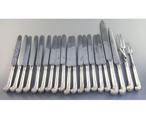 A set of 16 Victorian silver handled Elizabethan pattern table knives engraved with the Crewe crest beneath a Baron's coronet