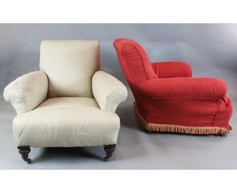 A pair of Victorian mahogany club armchairs, in the manner of Howard & Sons, with turned legs and ceramic castershttps://www.