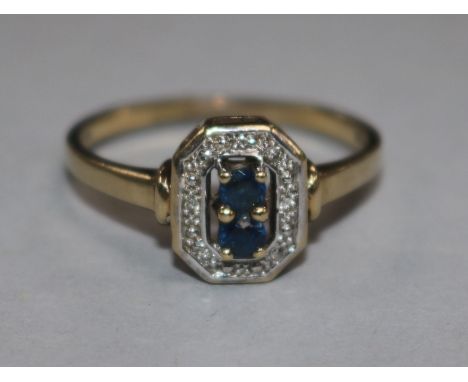 A 9ct gold sapphire and diamond ring, (shank broken), size R.