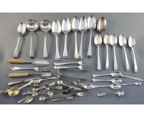 Two George III silver Old English pattern sauce ladles and a quantity of assorted flatware, 34.1oz.https://www.gorringes.co.u