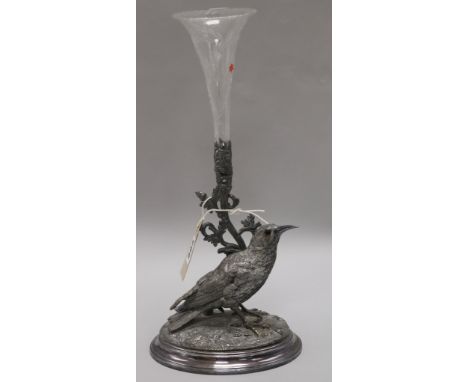 A silver plated epergne cast with a model of a blackbird H.36cm