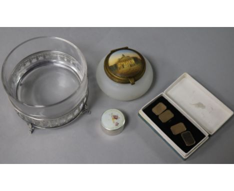 A silver and enamel pill box, a silver mounted glass dish, a pair of cufflinks and a French glass pot with painted lid.