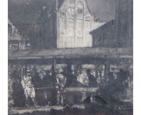 Frank Brangwyn (1867-1956)etchingThe Meat Market, Brugessigned, Fine Art Society label verso,10.75 x 11.75in.https://www.gorr