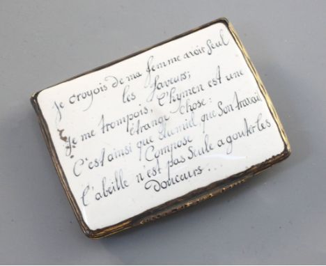 An enamel snuff box with gilt metal mounts, German, mid 18th century, painted with French verses lamenting women's infidelity