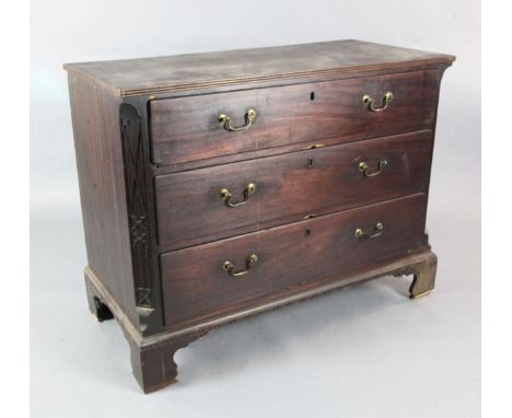 A George III mahogany chest of three long drawers on bracket feet, 3ft 9in. H.2ft 11in. D.1ft 9in.https://www.gorringes.co.uk