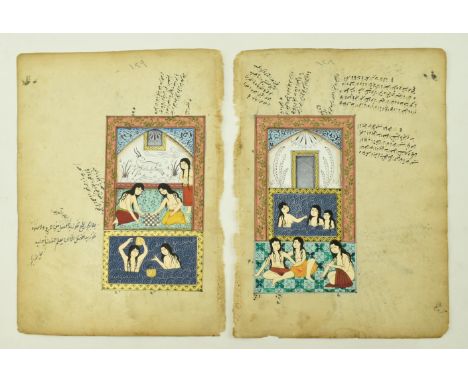 Two circa 19th century Arabic Turkish / Persian illuminated manuscript leaves depicting nude women bathing. The text being an