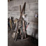 Quantity of gardening tools including topiary shears, sythes etc. NO VAT