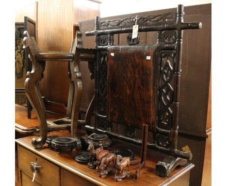 A Chinese jardiniere stand, firescreen, stands Screen W.73cm