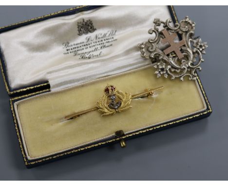 A 9ct gold and enamel naval sweethearts bar brooch, and a late 19th century French? white and yellow metal brooch, set with a