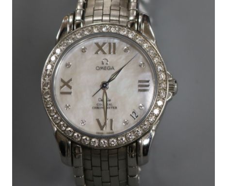 A lady's 2007/2008 stainless steel and diamond set Omega De Ville Co-Axial Chronometer wrist watch, with mother of pearl Roma