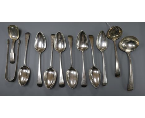 A matched set of eight silver Old English pattern dessert spoons and four other items, the desert spoons George III and later