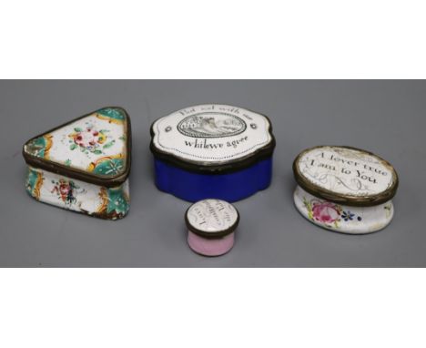 Four South Staffordshire enamel snuff, patch or pill boxes