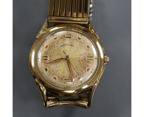 A gentleman's steel and gold plated Hamilton manual wind wrist watch, on expanding bracelet.