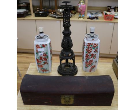 A Chinese scroll box, a lamp stand and pair of vases lamp stand height 58cm