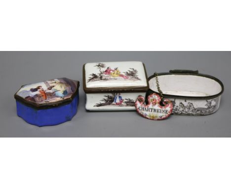 Three 18th / 19th century enamel on copper snuff boxes and a similar label