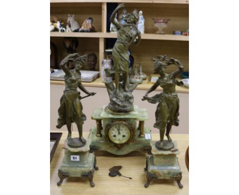 A French onyx and spelter clock garniture height 64cm
