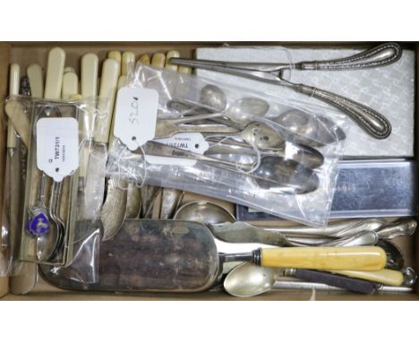 Nine silver and enamel 'Southborough Fanciers' Assoc.' teaspoons with bantam finials and sundry silver and plated flatware, i