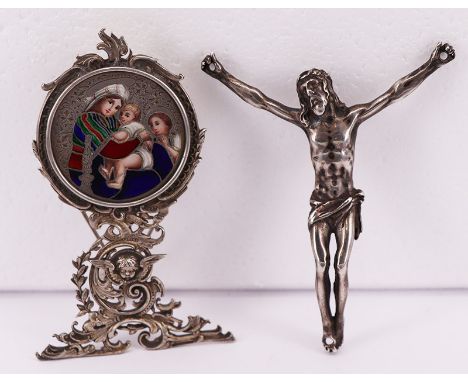 Raffael, Madonna della Sedia, Glas, Emaille und Malerei in Silberständer (geprüft), H. 8 cm, dazu kleiner Corpus Christi, Sil