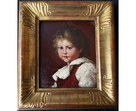 R. Werner, Portrait eines Mädchens in weißer Spitzenbluse und rotem Oberteil, vor dunkelrotem Hintergrund, signiert, Öl/Holz,