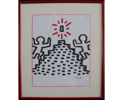 Keith Haring, up the stairs, typischen Figuren des Künstler die Treppe hinauf stürmend, Farbserigraphie, signiert "K. Haring"