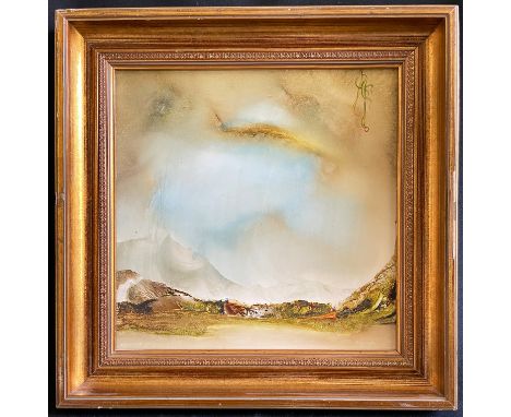 Unbekannter Künstler, Surrealistische Landschaft mit Vogel, Öl/Holz, signiert und datiert '79, rücks. bez.: Kleiner roter Rin