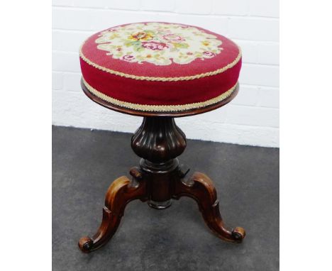 Mahogany piano stool with tapestry upholstered seat, 50 x 42cm 