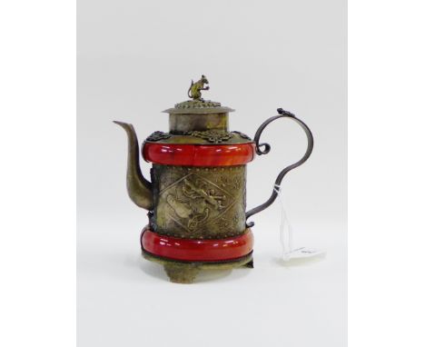 Chinese white metal wine / teapot, the lid with a rat and the handle with a frog, with two coloured hardstone bands 13cm high